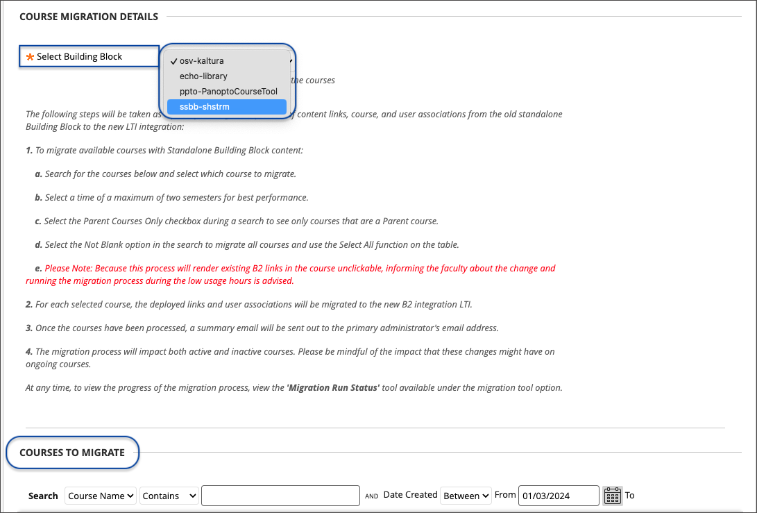 Course Migration Settings screem with ShareStream selected