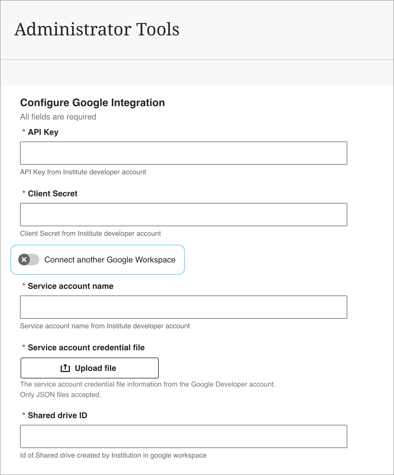 Administrator Tools screen to configure Google integration