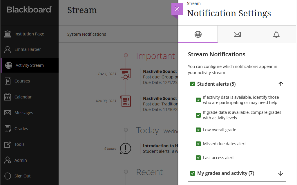 The Performance Alerts section of the Notification settings on the Activity Stream.