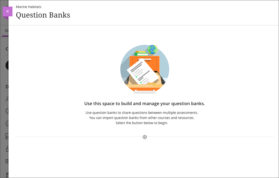 Question Banks panel when there are no question banks, prompting the user to either create or import a question bank
