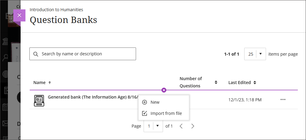 Question Banks panel, showing the dropdown menu to create a new question bank