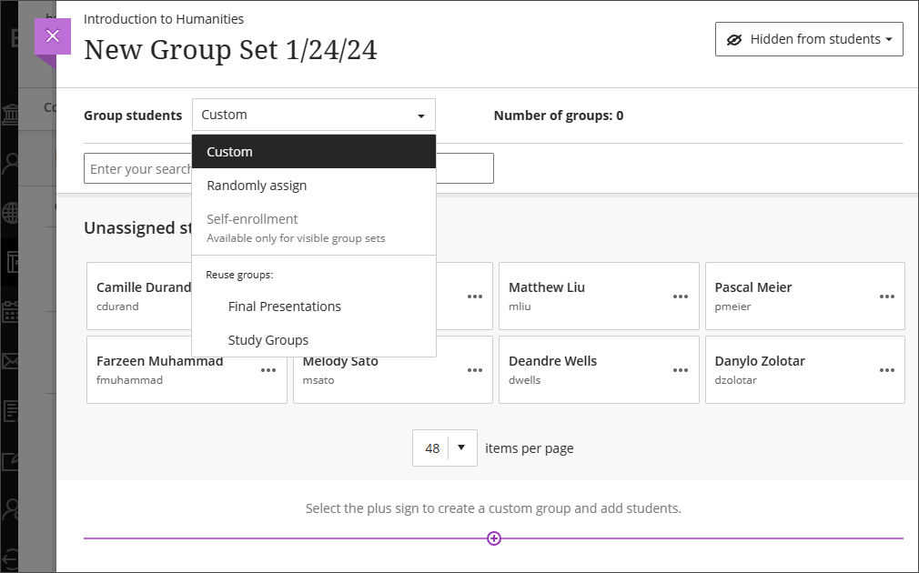 Group Set page with the purple plus button at the bottom