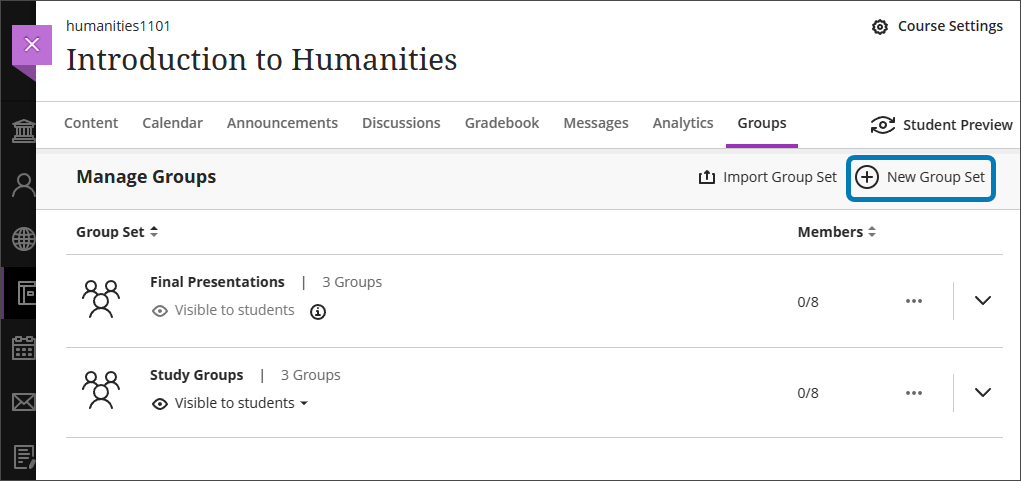 Landing page of the Groups tab, with the New Group Set button highlighted to the right