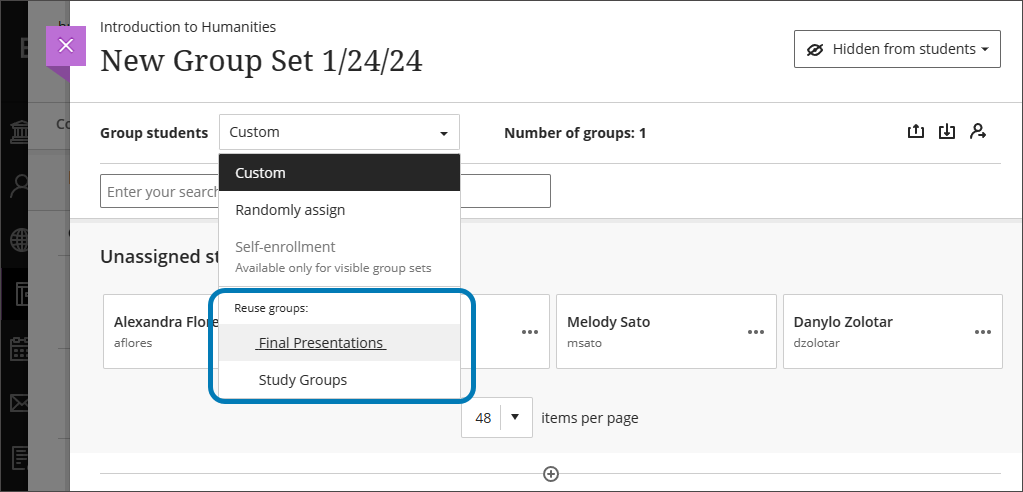 Reuse groups settings on the Group set page