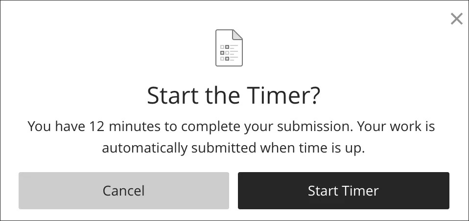 Start the timer pop-up window with options to cancel timer or start timer. 