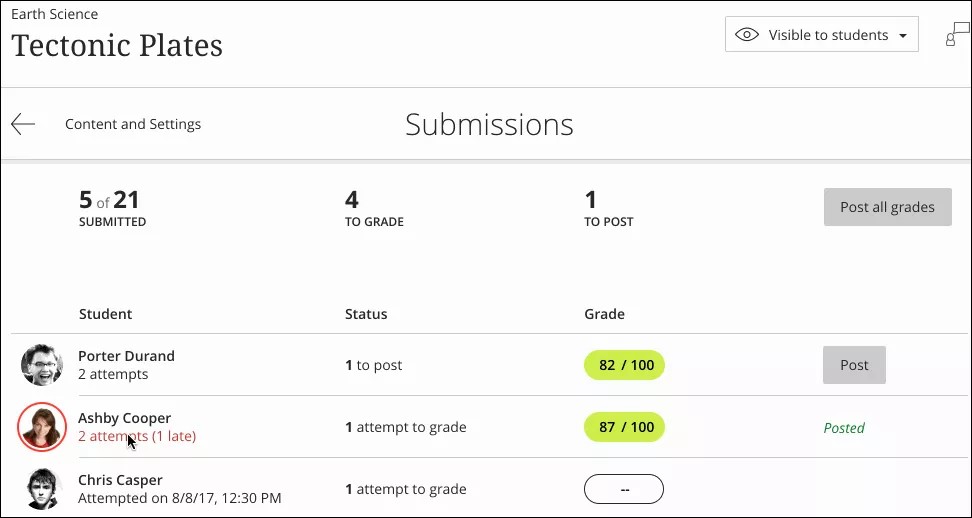 Submission timestamp appears when pointer is over the student's attempt number. 