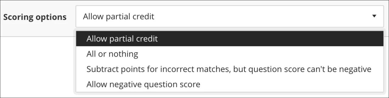 Matching question scoring options menu open.