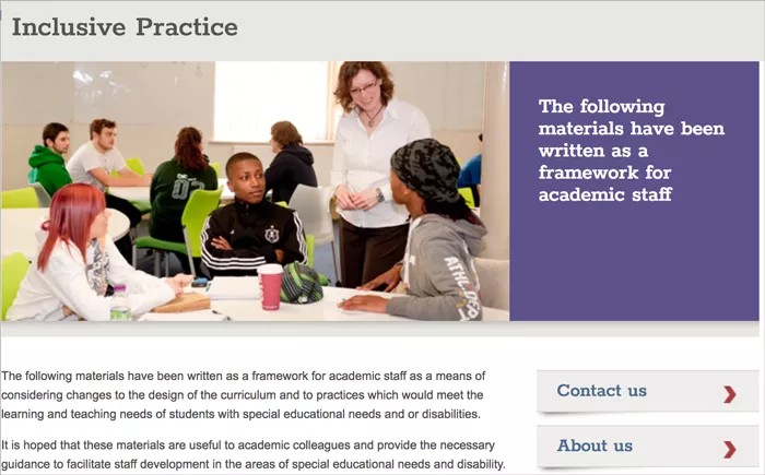 Screen shot from “Inclusive Practice” support page