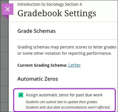 Automatic zeros section highlighted in the Gradebook settings panel.