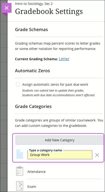 Add new category button in the gradebook settings panel.