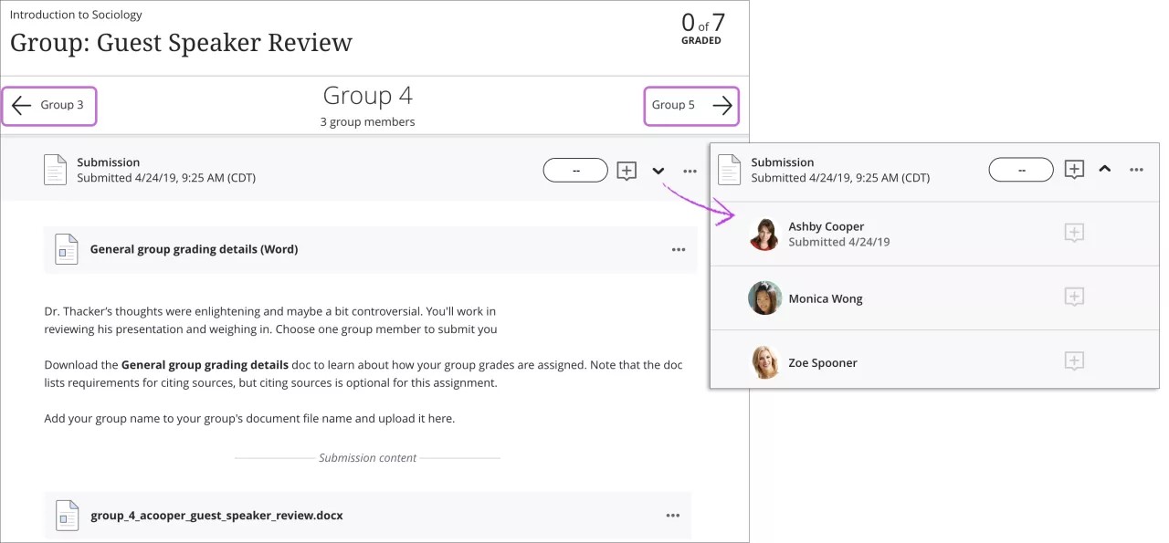 An example group submission is open with 1) the previous and next navigation arrows highlighted, 2) the down-pointing arrow next to the feedback icon highlighted, and 3) the group members list displayed. 