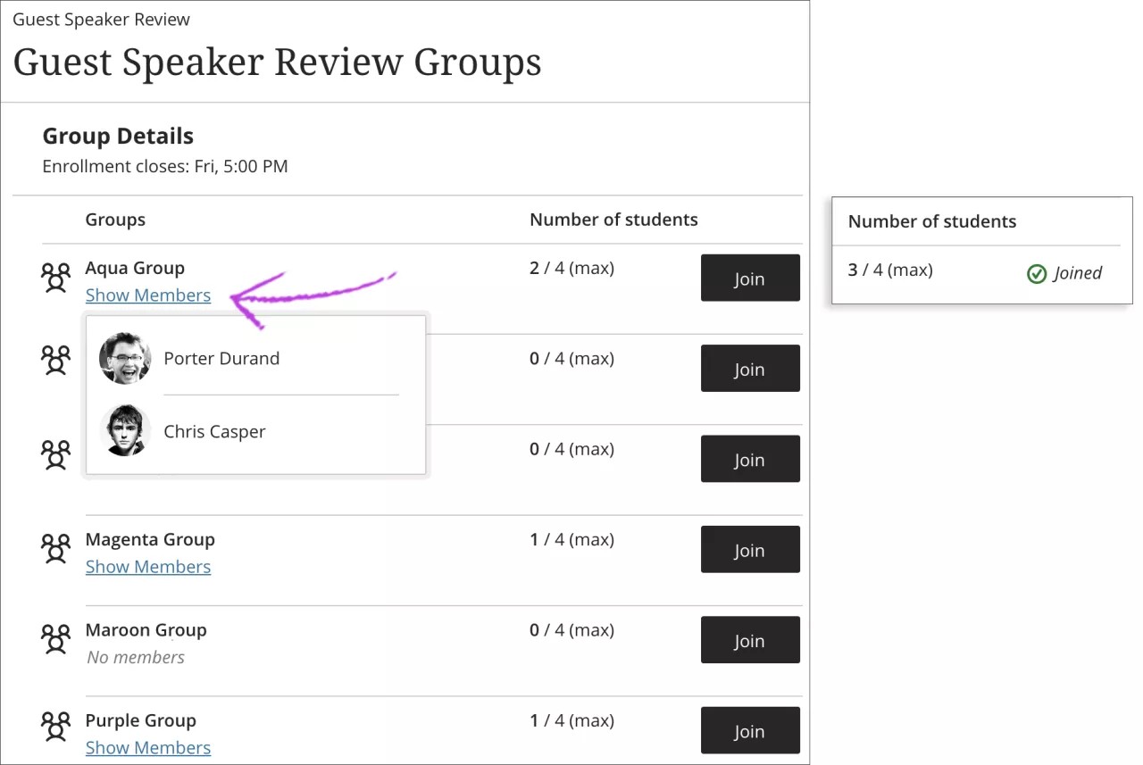 Image of Groups page where students can self-enroll in a group. A callout arrow points to “Show Members” link for a group