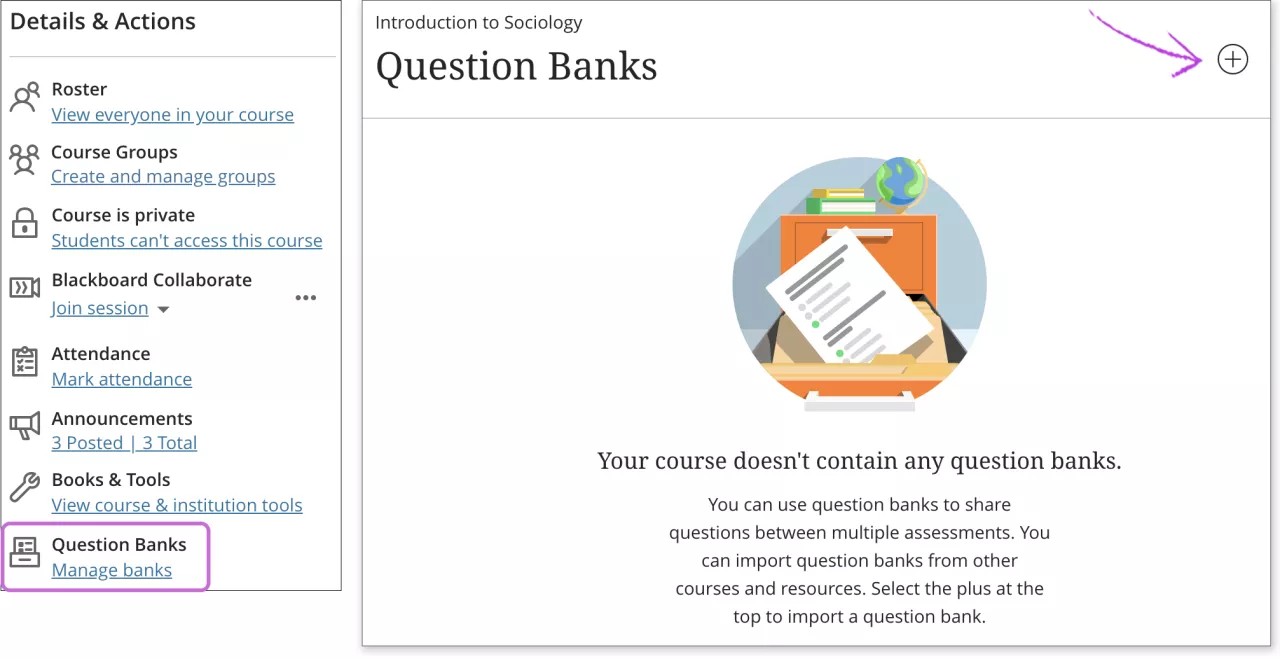 Question banks panel open with add questions button highlighted.