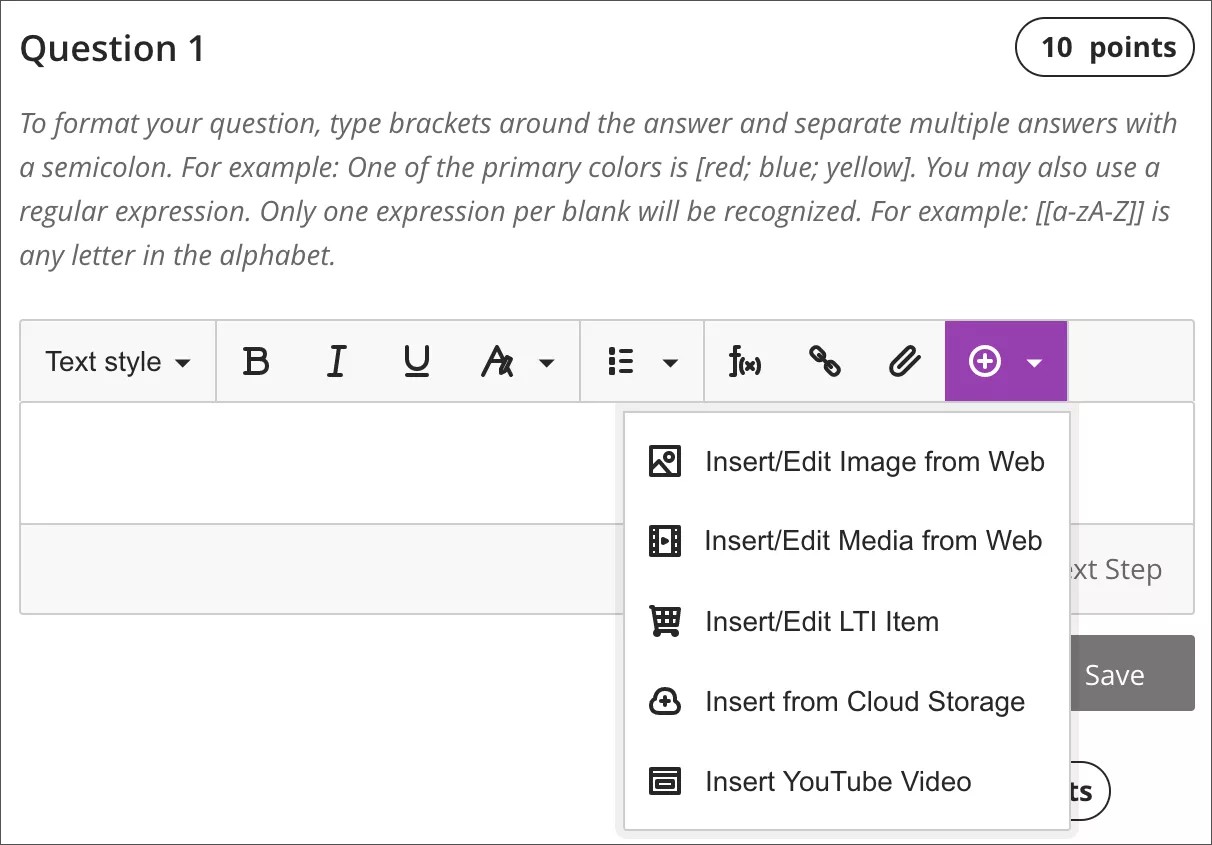 The purple plus sign menu is expanded so you can add files to a particular question. 