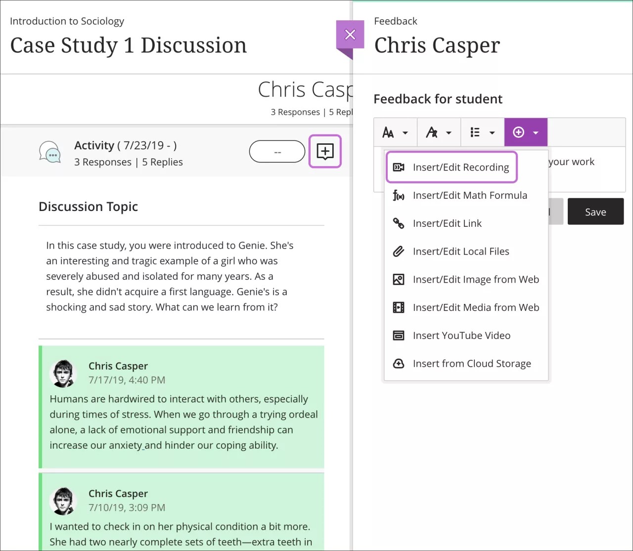 In the feedback panel, the expanded purple plus sign lets you insert feedback, and the  "Insert/Edit Recording" option is highlighted.