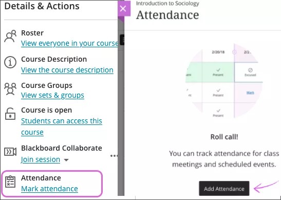 The Course Content page is open with "Mark attendance" option highlighted. Also, the Attendance panel is open with the "Add attendance" button highlighted. 