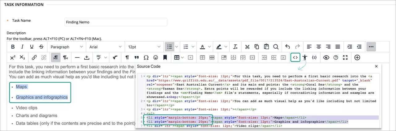 Content editor example for spacing list items via code view