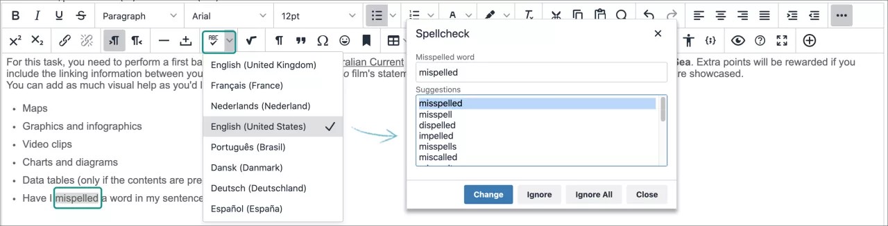 Content editor spelling menu example