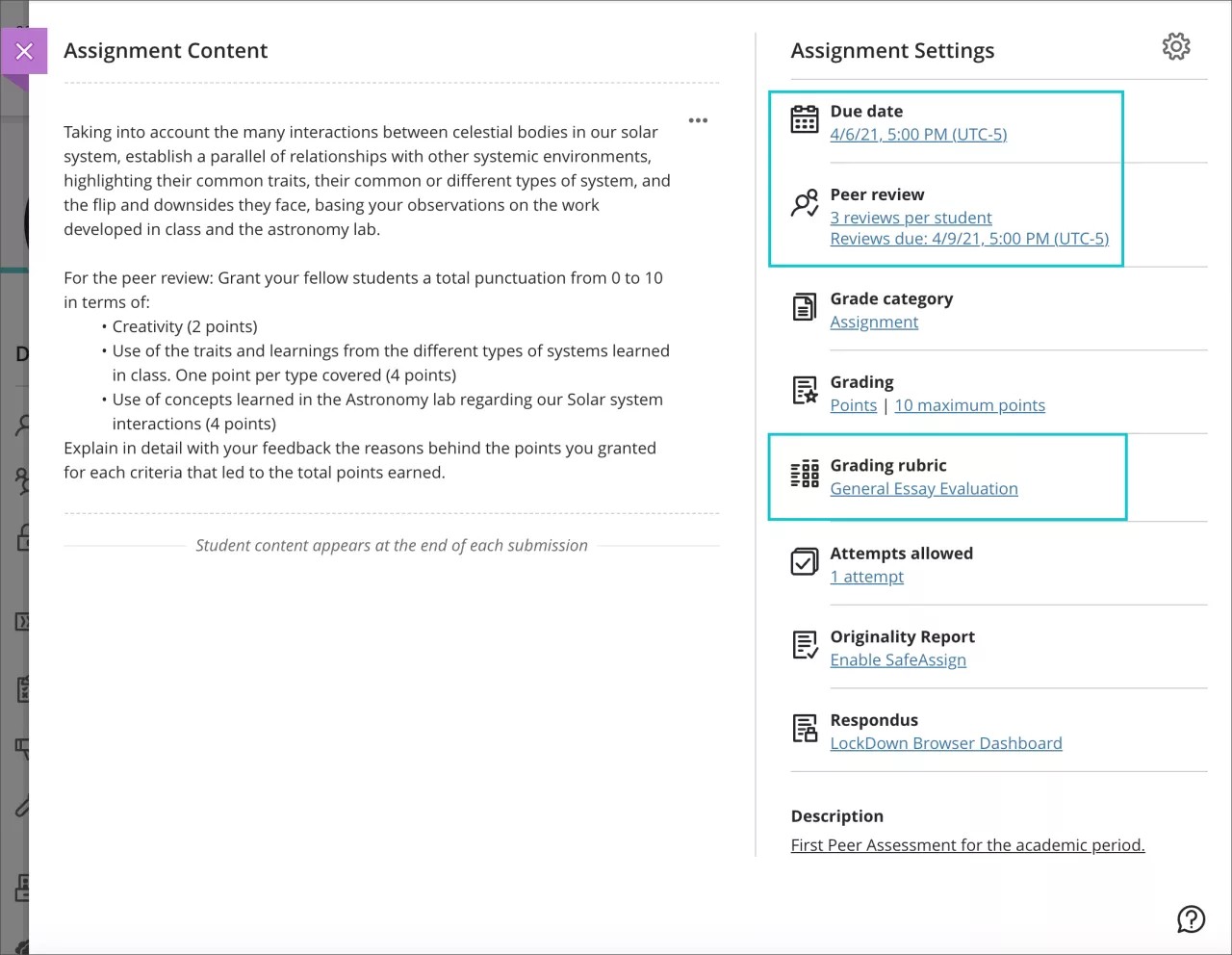 The Assignment settings panel is open with the "Due date", "Peer review", and "Grading rubric" options displayed. 