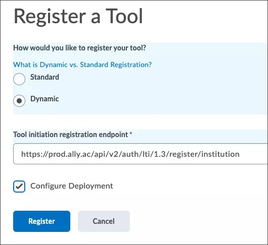 Register a tool page open with the recommended settings.