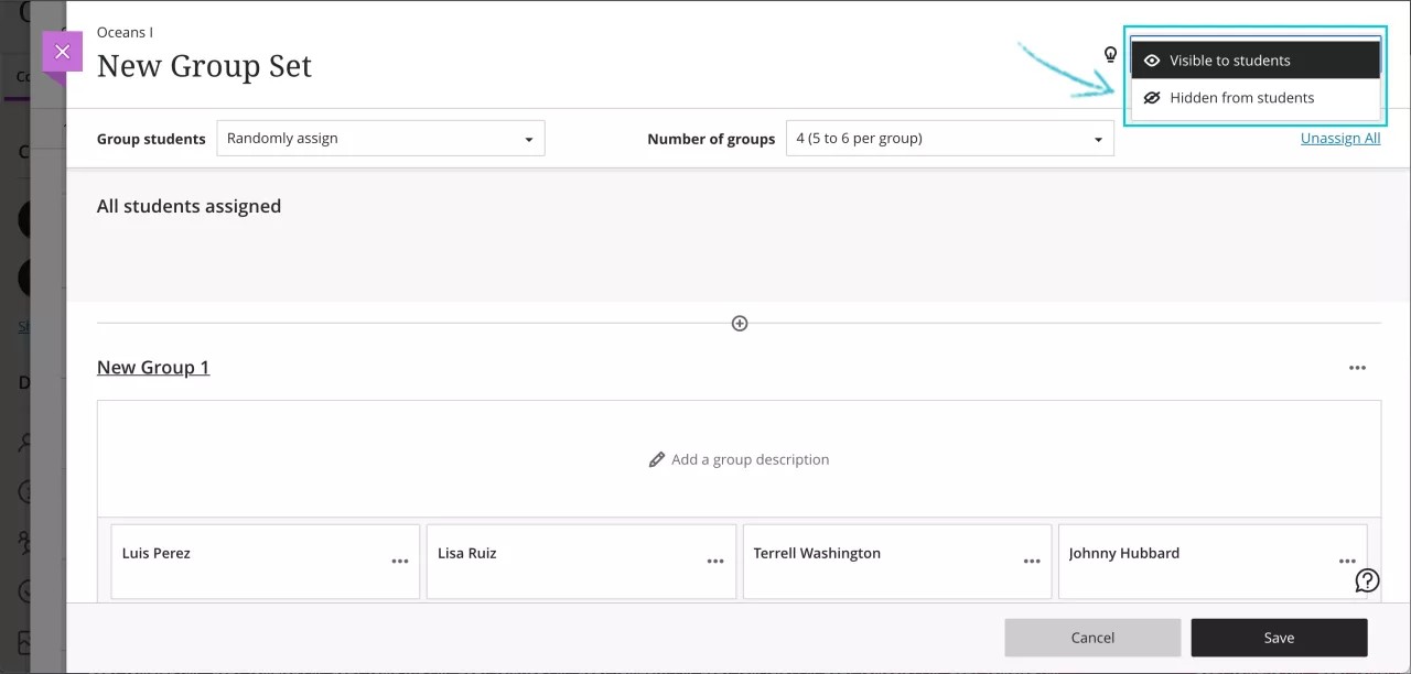 Instructors hide or show groupsets to students while they create them in the gradebook