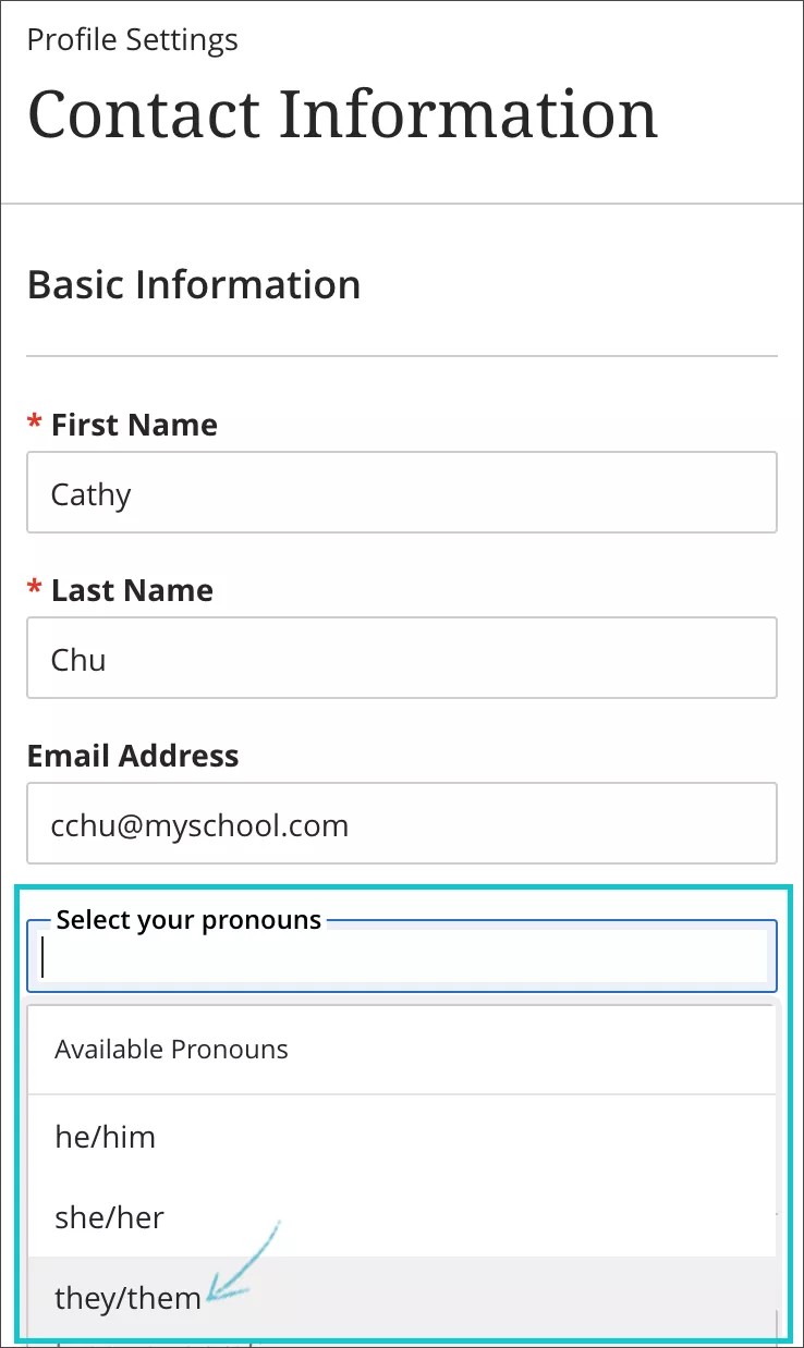 Add pronouns to your profile's basic information as an instructor