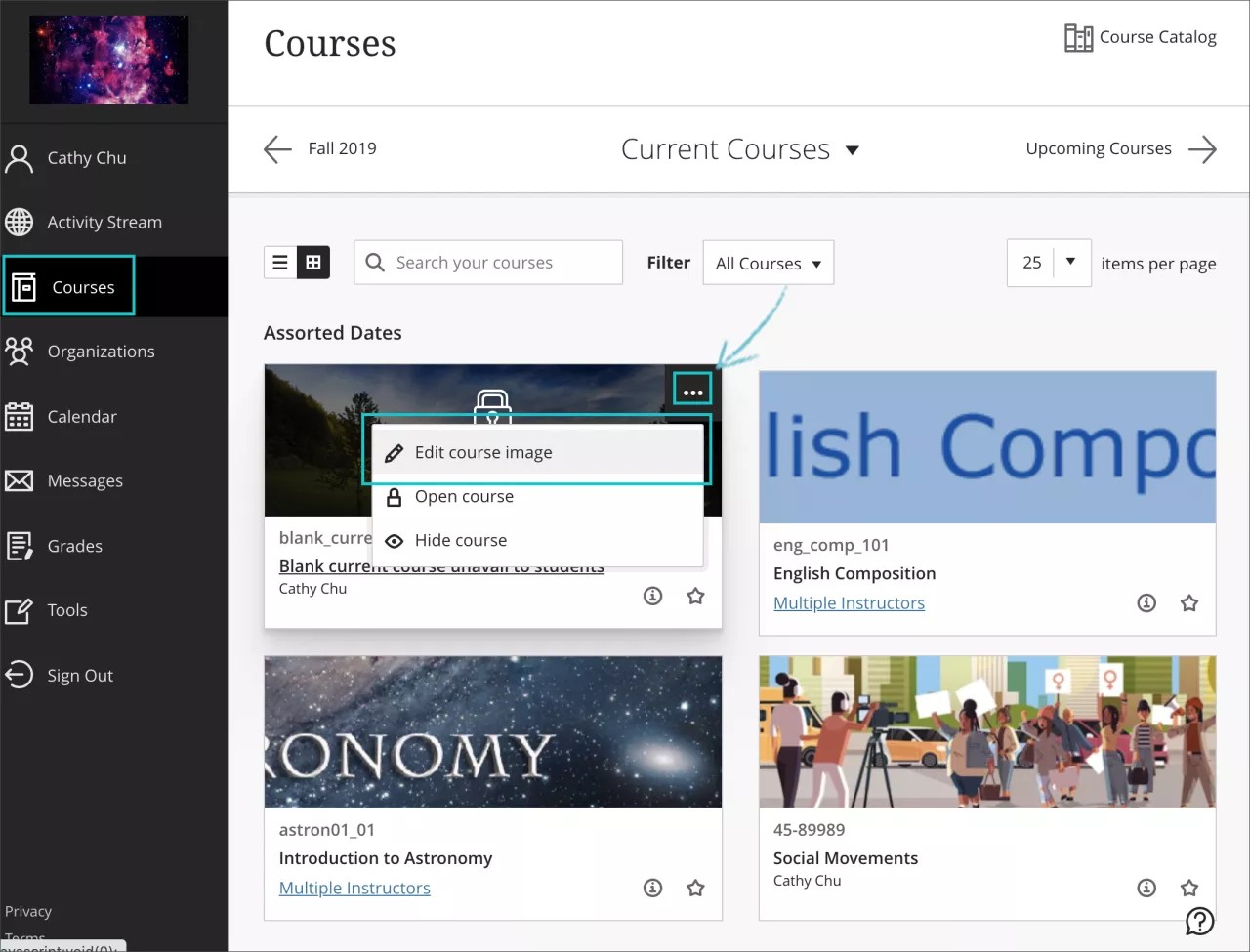 Open the Course Image panel from your course three dot menu at the top right corner
