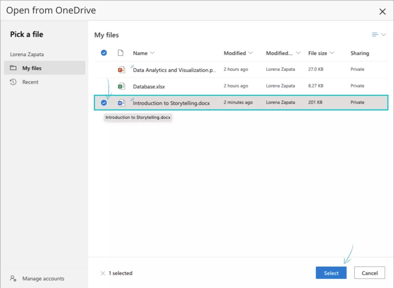 Learn Ultra add file by open it from OneDrive selecting the file from the OneDrive used