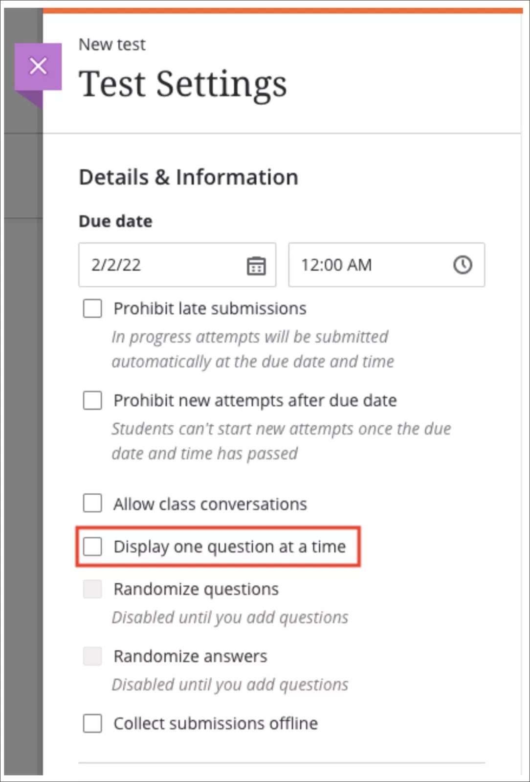 Display one question at a time from test settings is highlighted. 