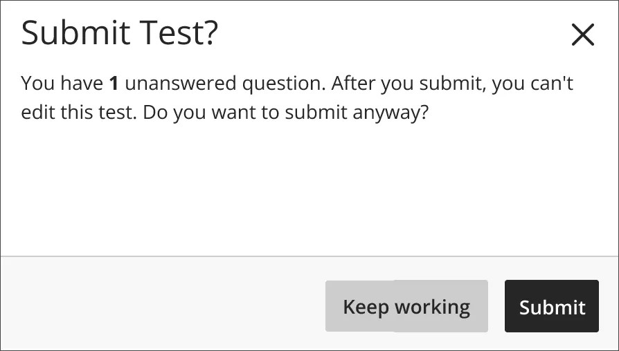 Warning for students to let them know when a question in a test hasn't been answered before submission