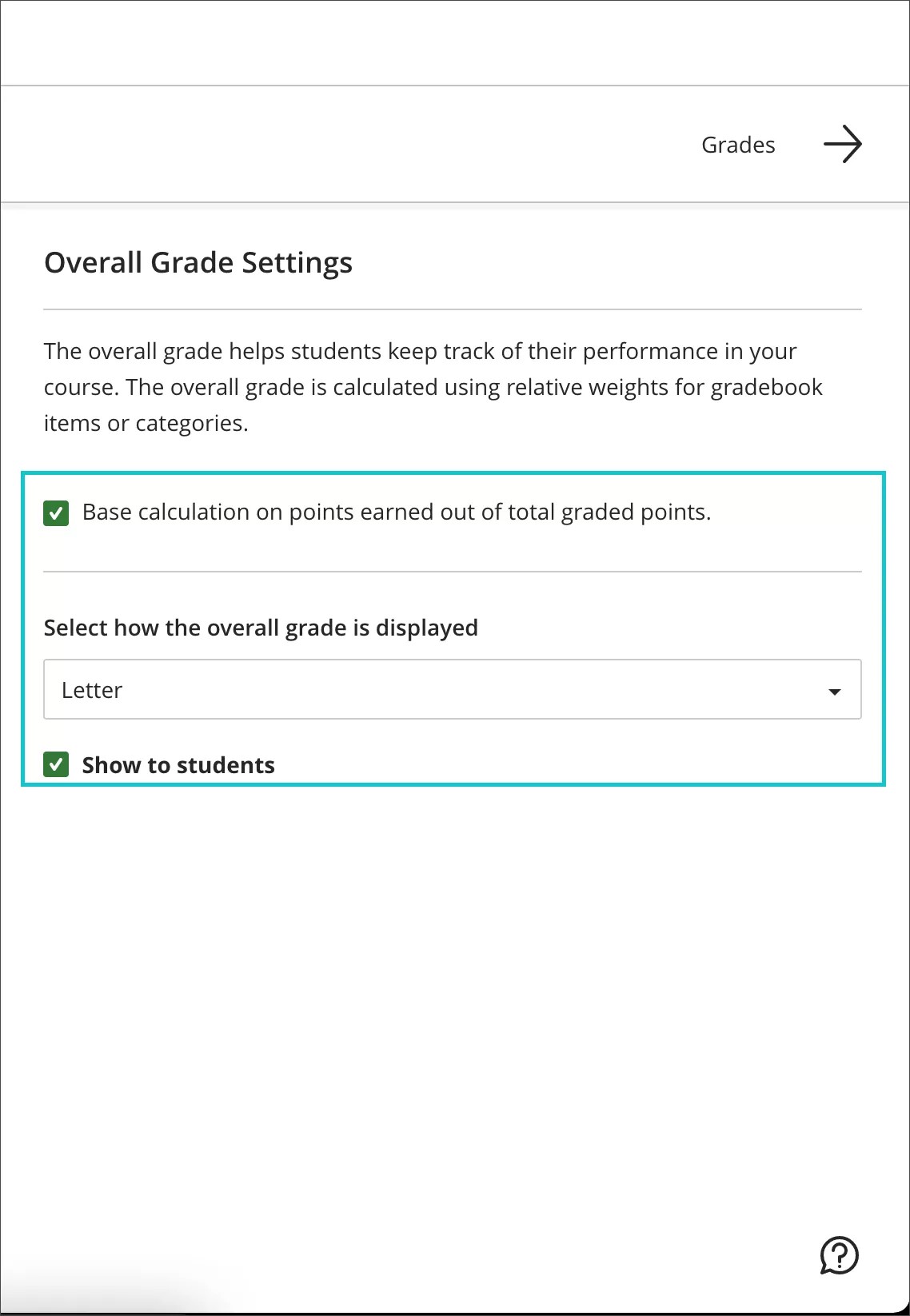 Instructor view of Overall Grade Settings - After
