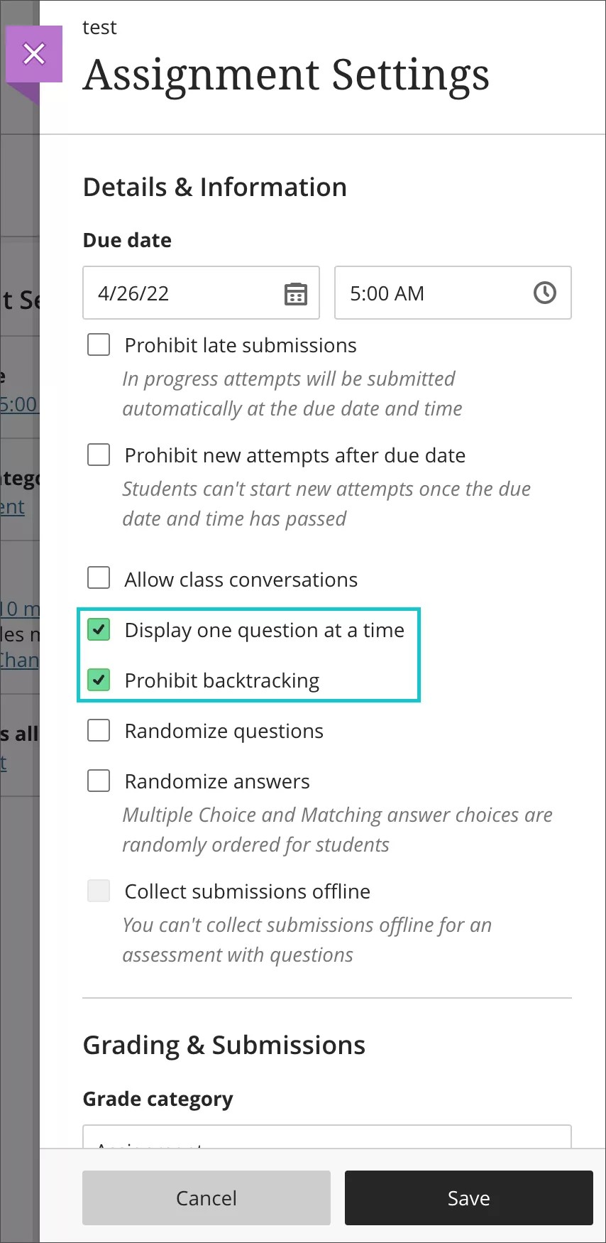 The boxes for display one question at a time and prohibited backtracking in assignment settings are ticked and highlighted. 