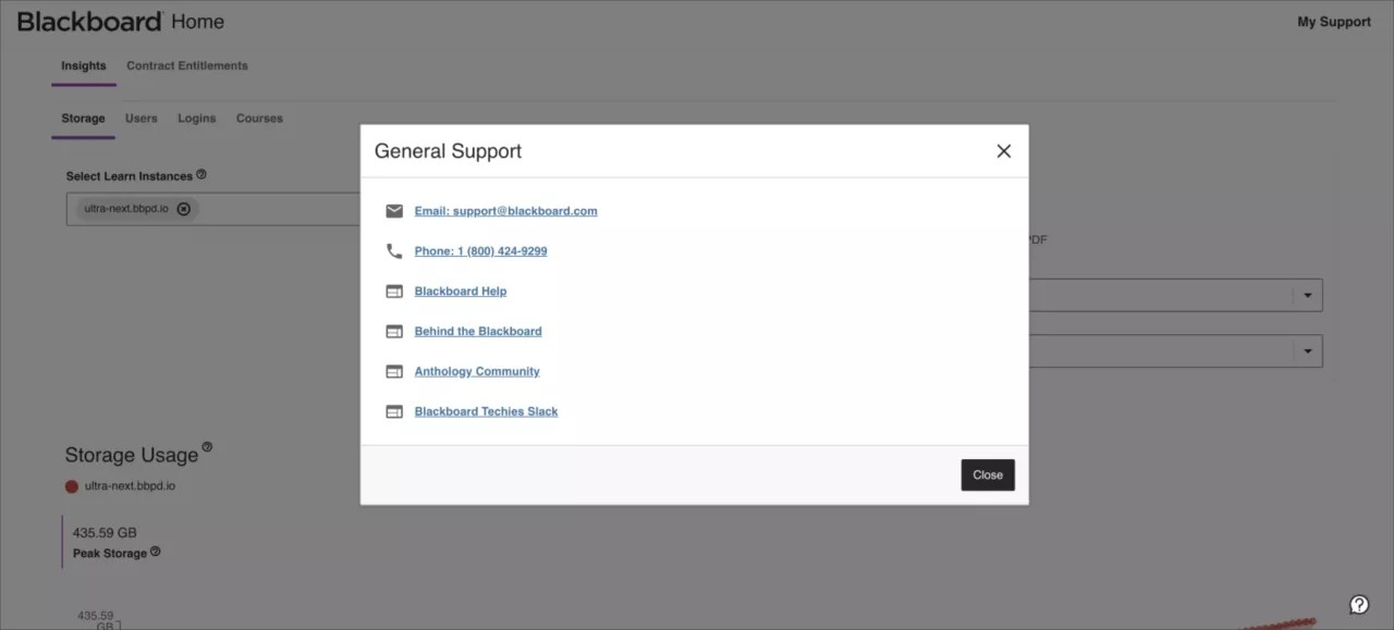 General Support menu view with more help options within the Blackboard Home page