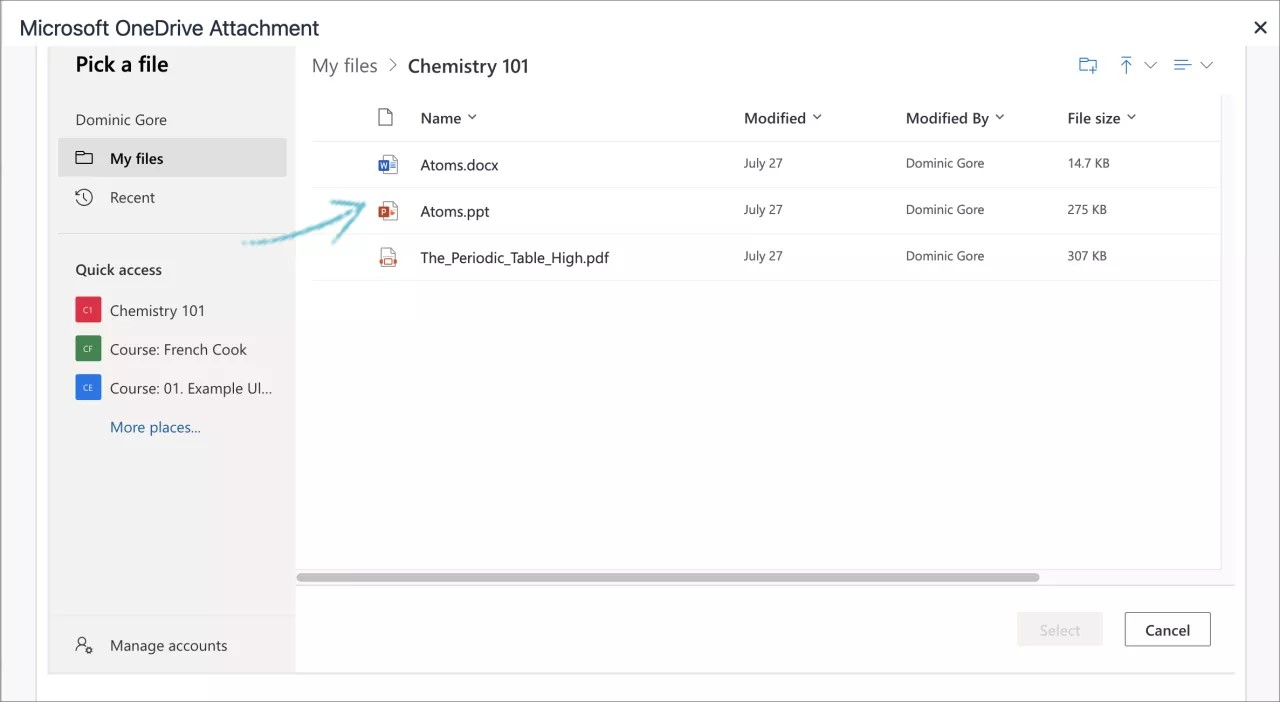 OneDrive space, where you can select the file you’d like to add to your course from a list of files