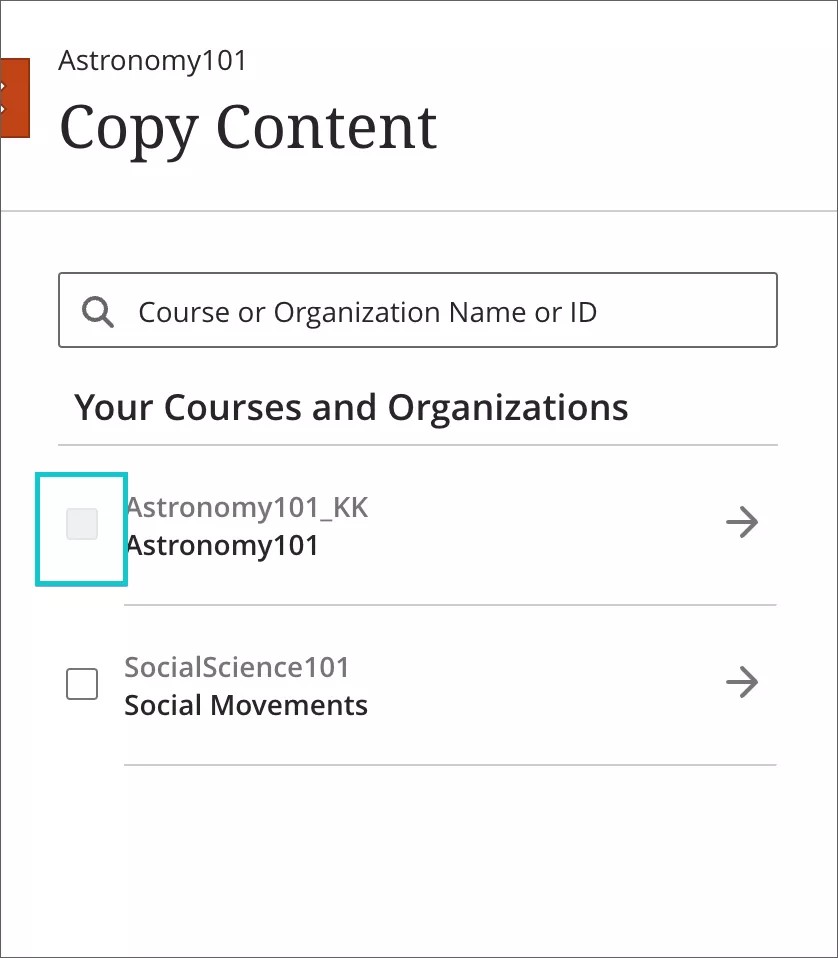 Disabled checkbox to prevent copying an entire course into the same course