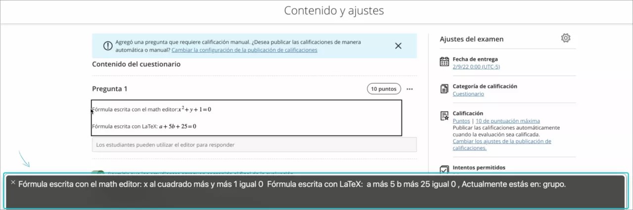Math formulas read with screen readers in user’s local language (Spanish)