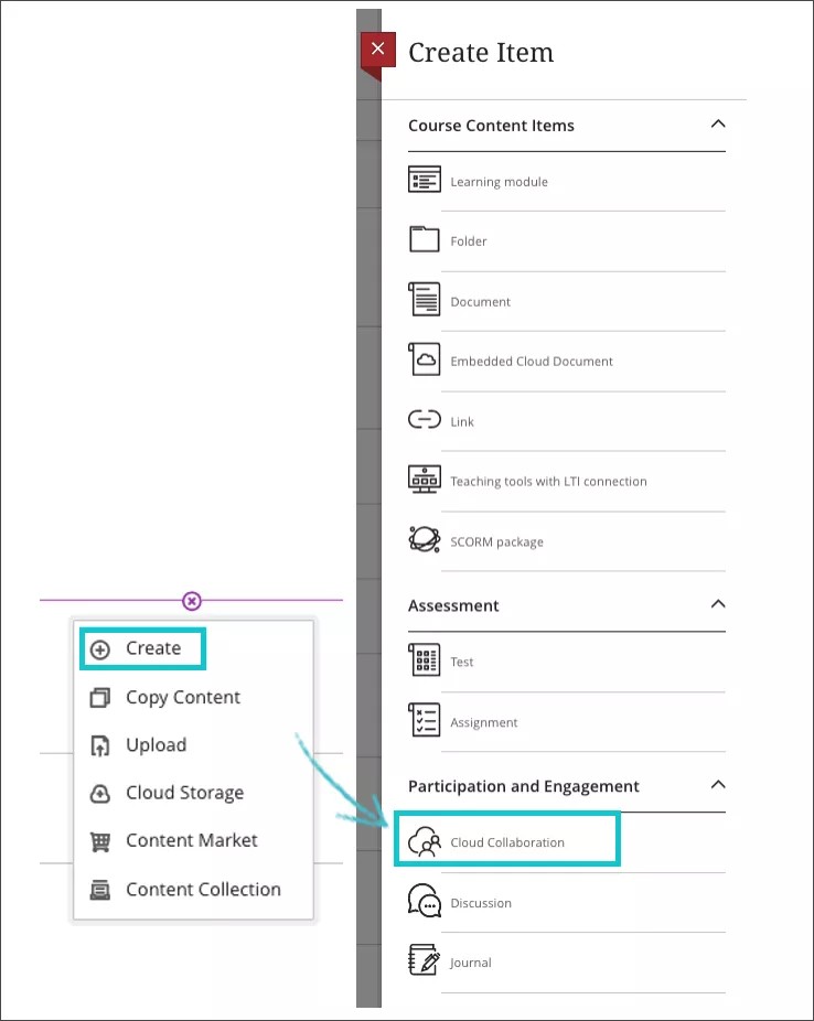 In the Course Content page, select Add Content, then Cloud Document and then Start a new Collaboration