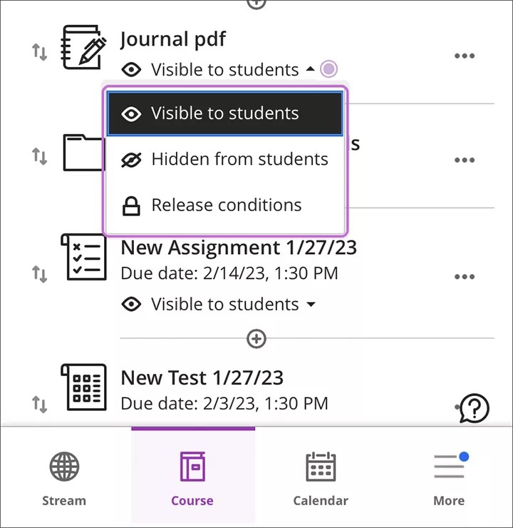 A menu is displayed with the following options: 1) Visible to students, 2) Hidden from students, and 3) Release conditions. 