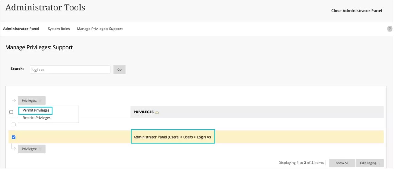 manage Login As privileges in the Administrator Panel