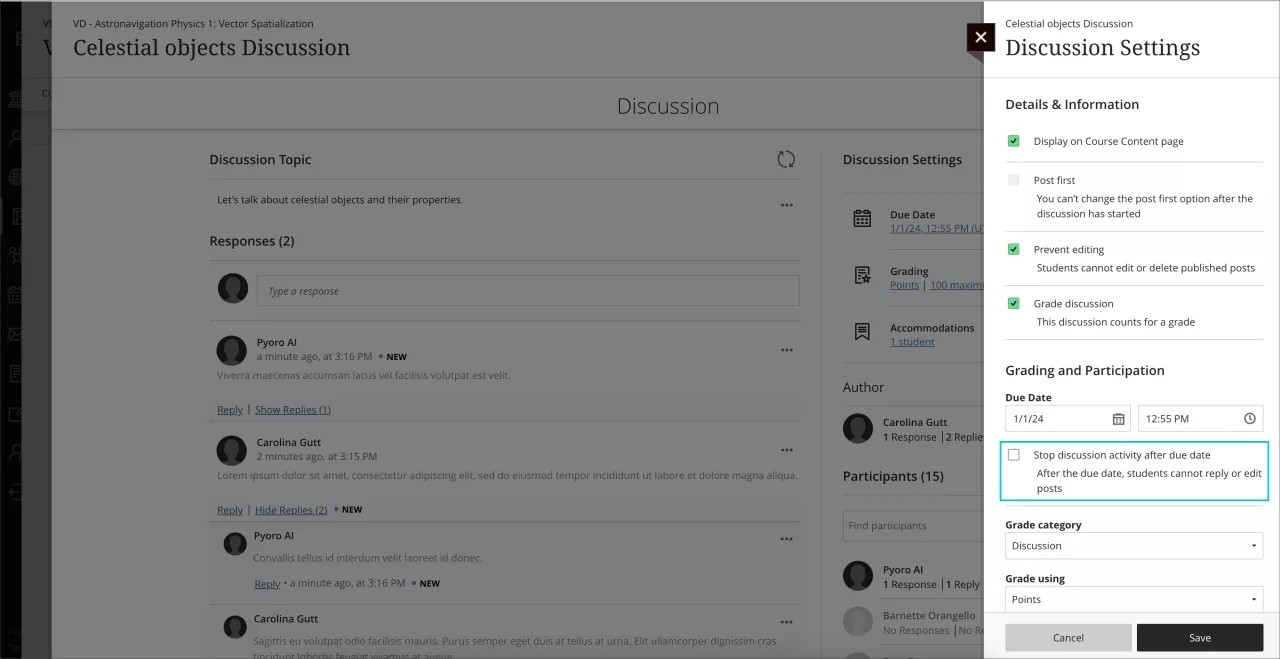 Instructor view - Deactivate Post Activity in the Discussion Settings panel