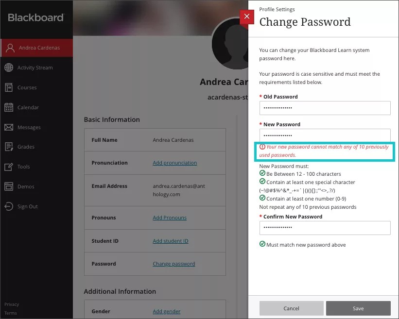 A user is informed that previous passwords may not be reused