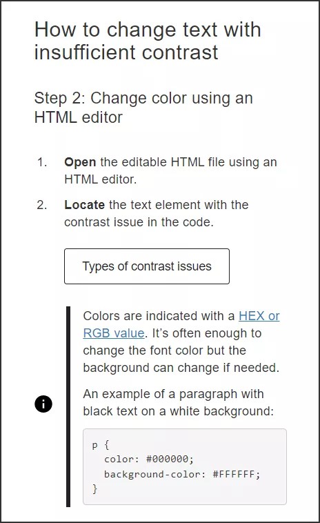Screenshot of Ally's Instructor Feedback guidance on how to fix text with insufficient contrast.