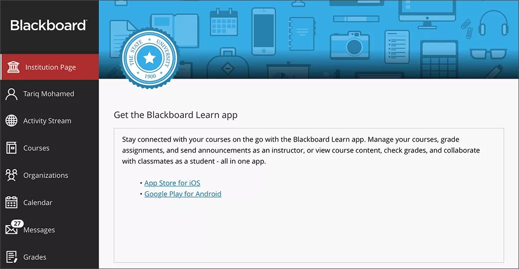 Blackboard Learn is opened with the "Institution page" button selected and the Blackboard Learn app module on screen.