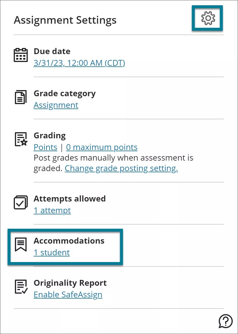 Image of Assignment Settings menu with box drawn around Accommodations display and Settings icon