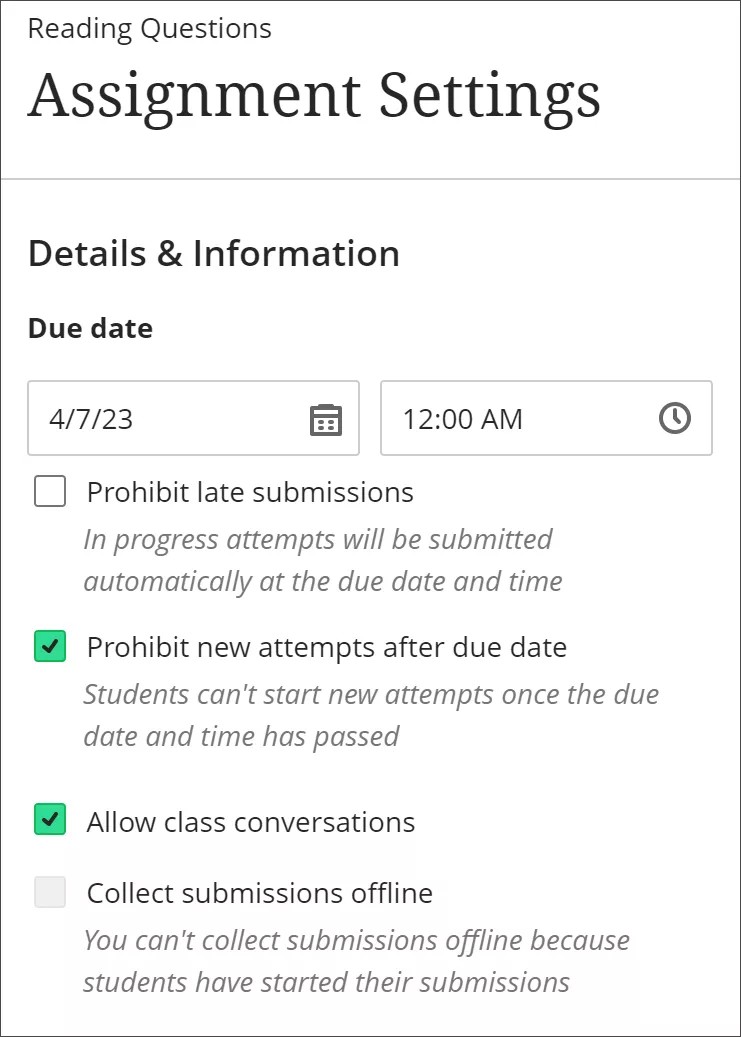 Image of Details & Information section of Assignment Settings panel