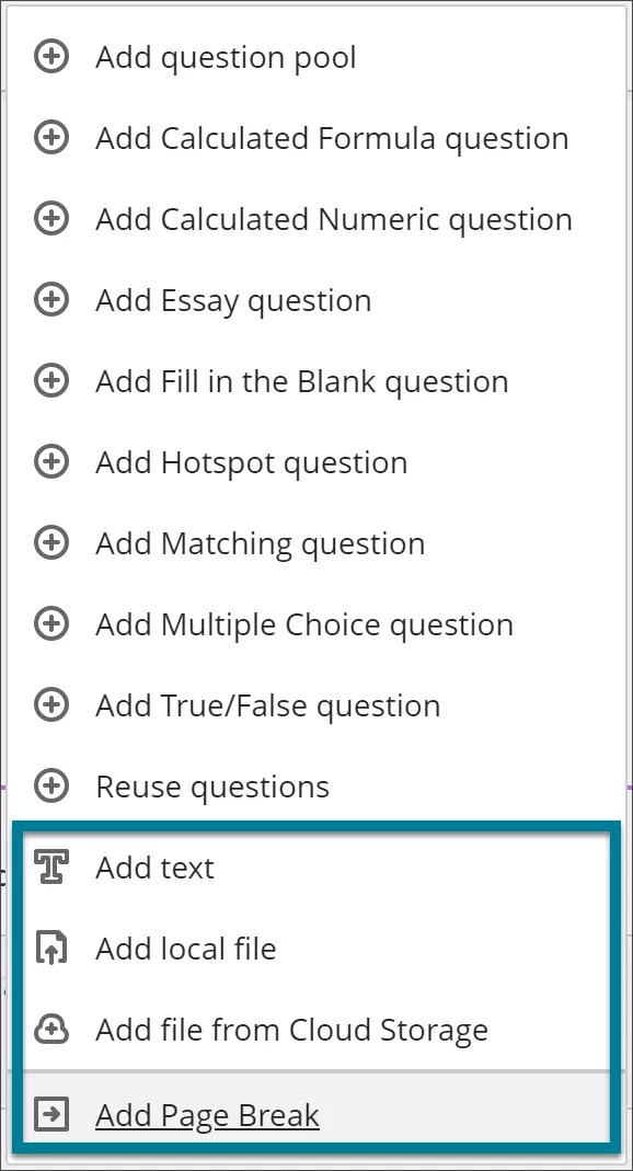 Image of menu to add assignment content with box around non-question options