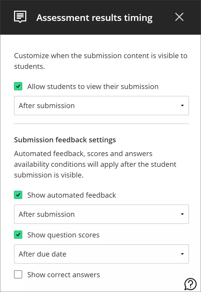 Image of Assessment results section of Test Settings panel