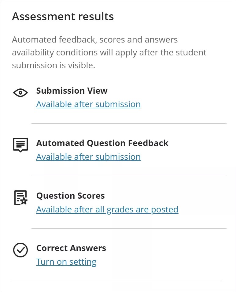 Image of Assessment results section of Test Settings panel