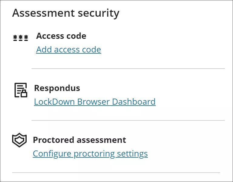 Image of Assessment security section of Test Settings panel