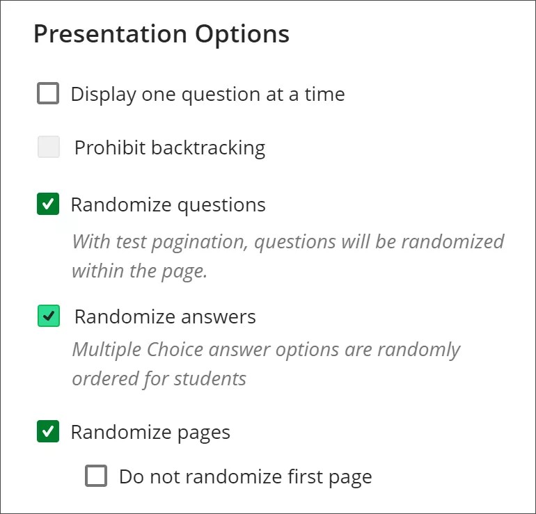 Image of Presentation Options section of Test Settings panel